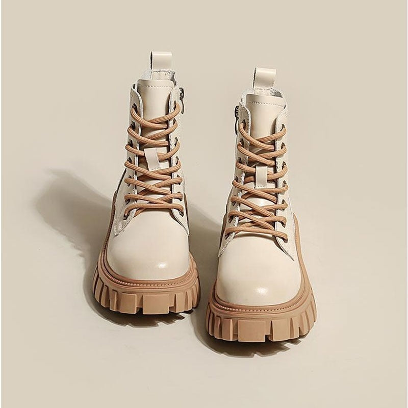 Beige Damenstiefel mit dicker Sohle, Schnürung, Lederoptik, modisch, robust, Herbstschuhe.