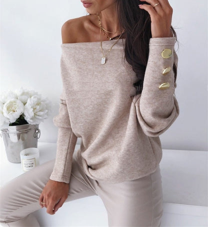 Damen Pullover beige, schulterfrei, Knöpfe, elegantes Design, Herbstmode, weiches Material