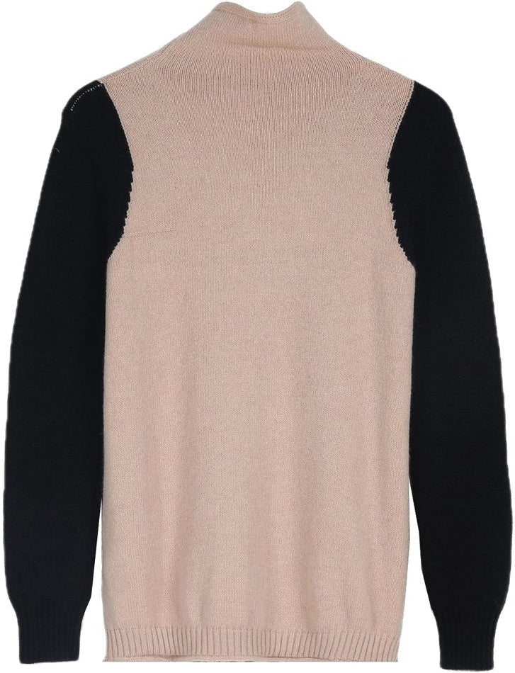 Beige und schwarzer Strickpullover, langärmelig, Unisex-Mode, weiches Material.