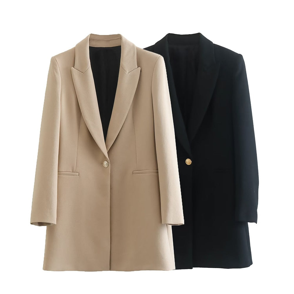 Zwei Damenblazer, beige und schwarz, elegantes Design, einreihig, für Business und Freizeit.