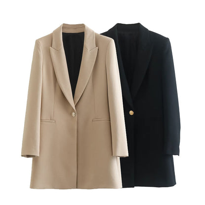 Zwei Damenblazer, beige und schwarz, elegantes Design, einreihig, für Business und Freizeit.