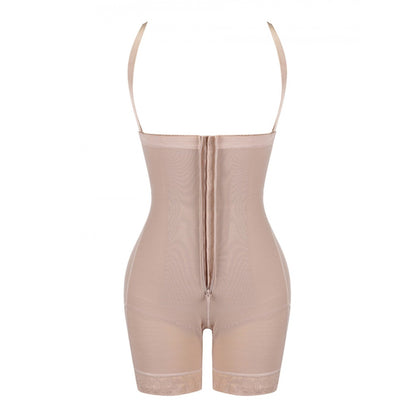 Beige Shapewear Body mit Trägern, nahtlos, figurformend, für Damen, Rückansicht.