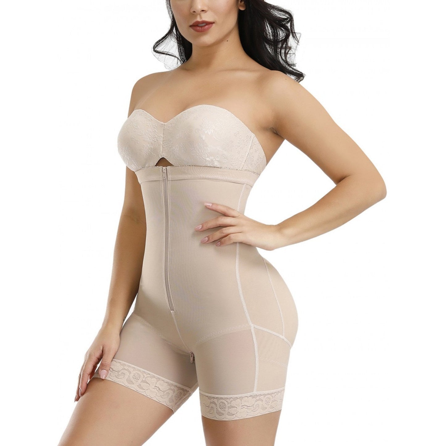 Beige Shapewear für Damen, nahtlos, figurformend, hoher Bund, Reißverschluss, Spitzenbesatz.
