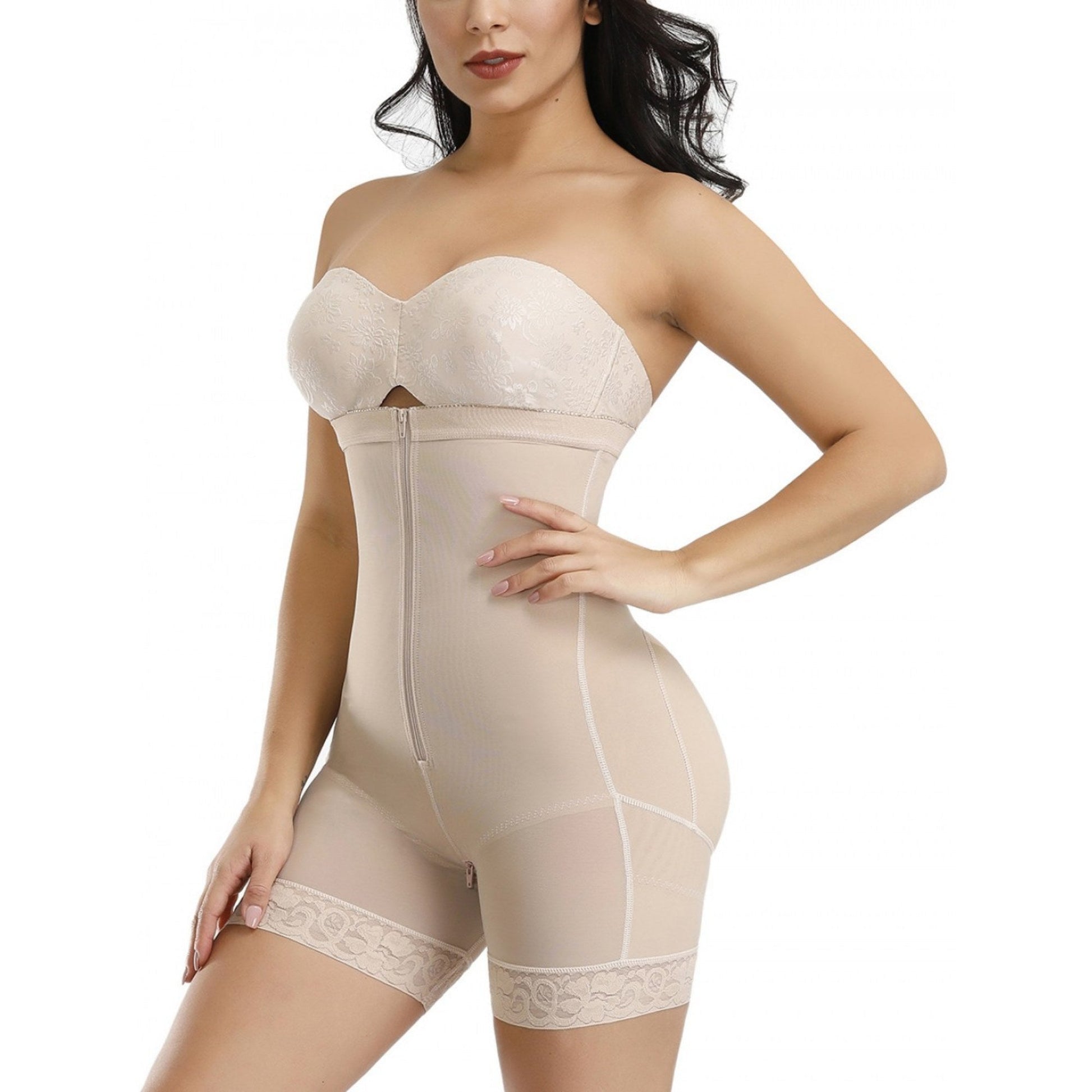 Beige Shapewear für Damen, nahtlos, figurformend, hoher Bund, Reißverschluss, Spitzenbesatz.