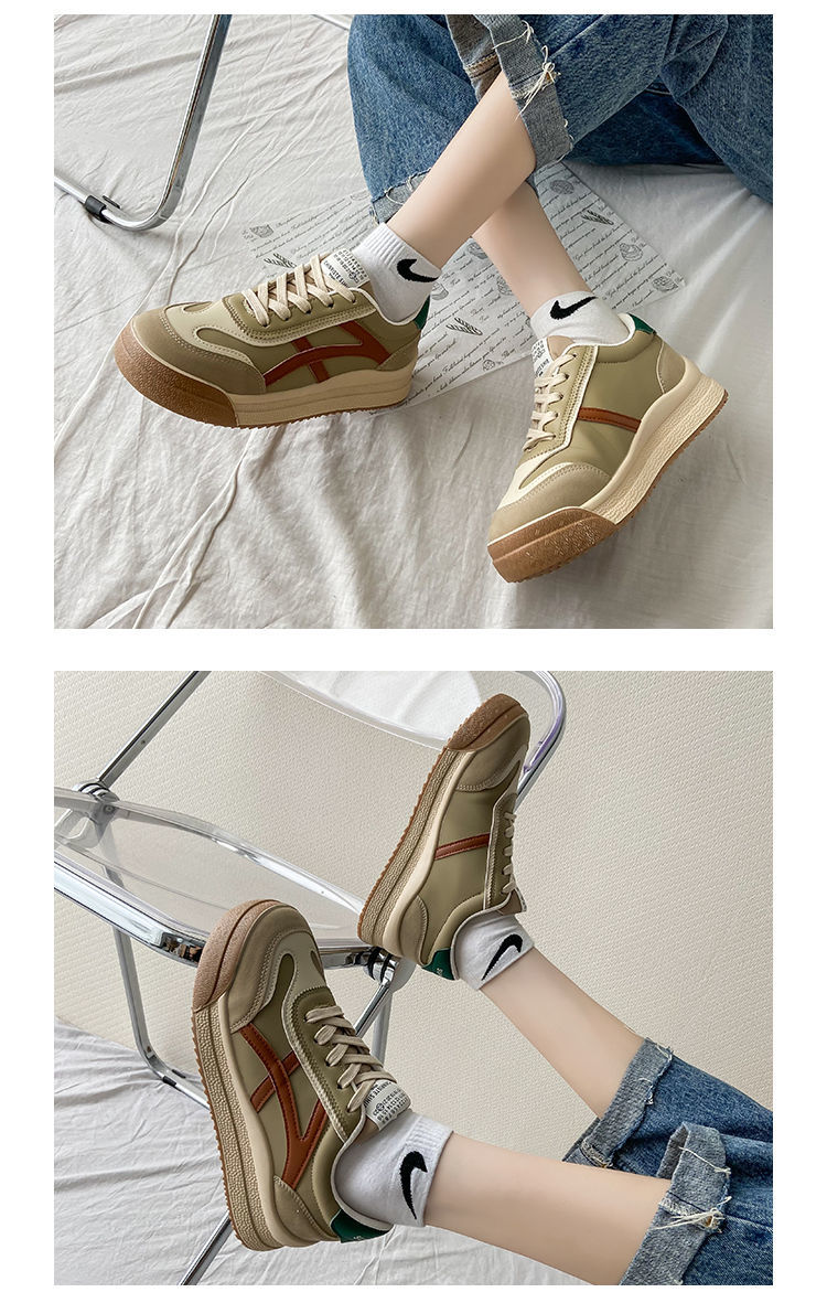 Beige Sneaker mit braunen Streifen, Gummisohle, lässig, Unisex, modisch, bequem, Jeans.