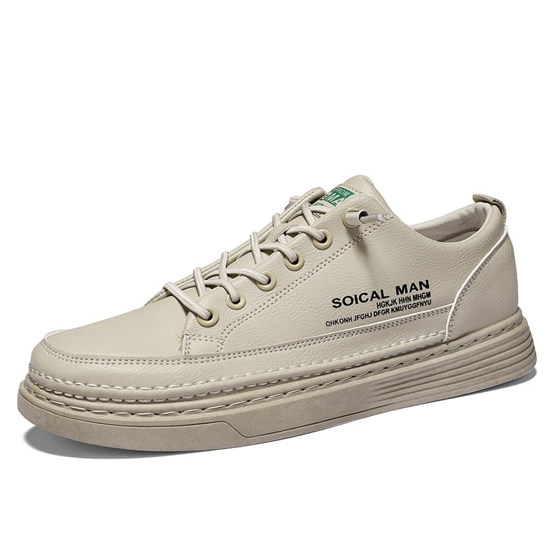 Beiger Sneaker für Herren, Leder, lässig, mit Schnürsenkeln, modisch, rutschfeste Sohle.