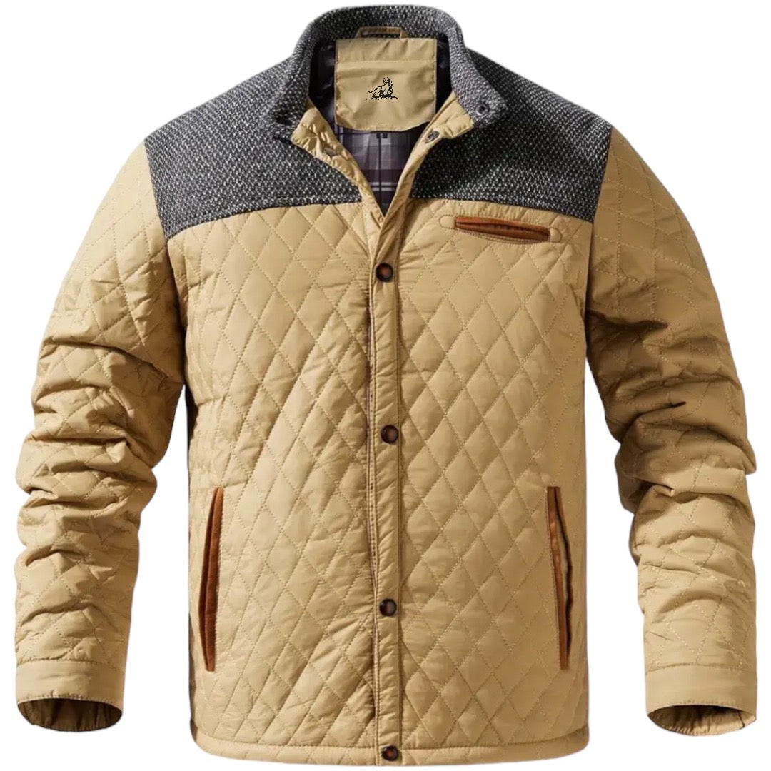 Beige Steppjacke Herren, kariertes Futter, braune Details, modisch, warm, Herbstmode.