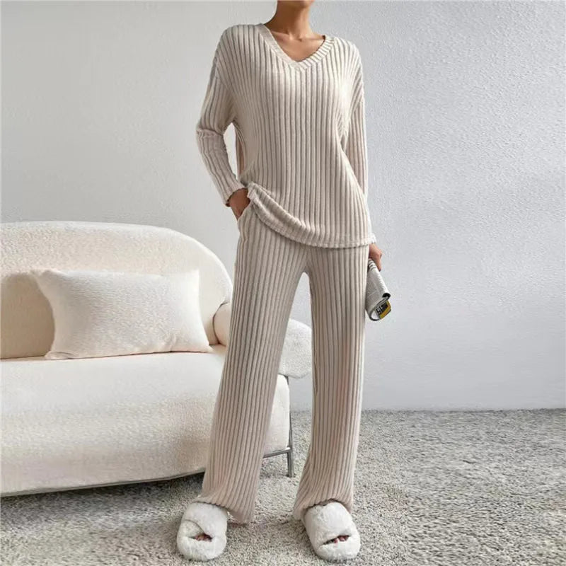 Damen Strick-Pyjama Set Beige, Langarm, V-Ausschnitt, Bequem, Loungewear, Weich, Modisch