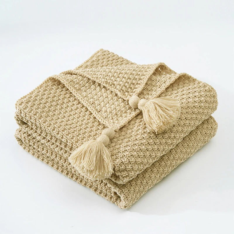 Beige Strickdecke mit Quasten, Baumwolle, gemütlich, dekorativ, Wohnzimmer, Sofaüberwurf