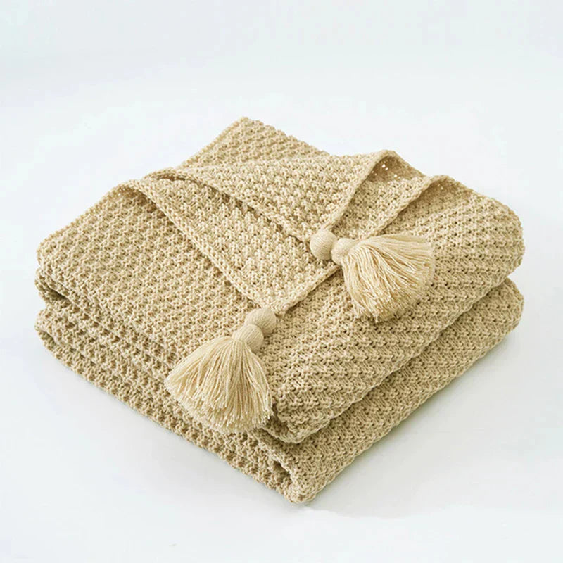 Beige Strickdecke mit Quasten, Baumwolle, gemütlich, dekorativ, Wohnzimmer, Sofa, Bettüberwurf.