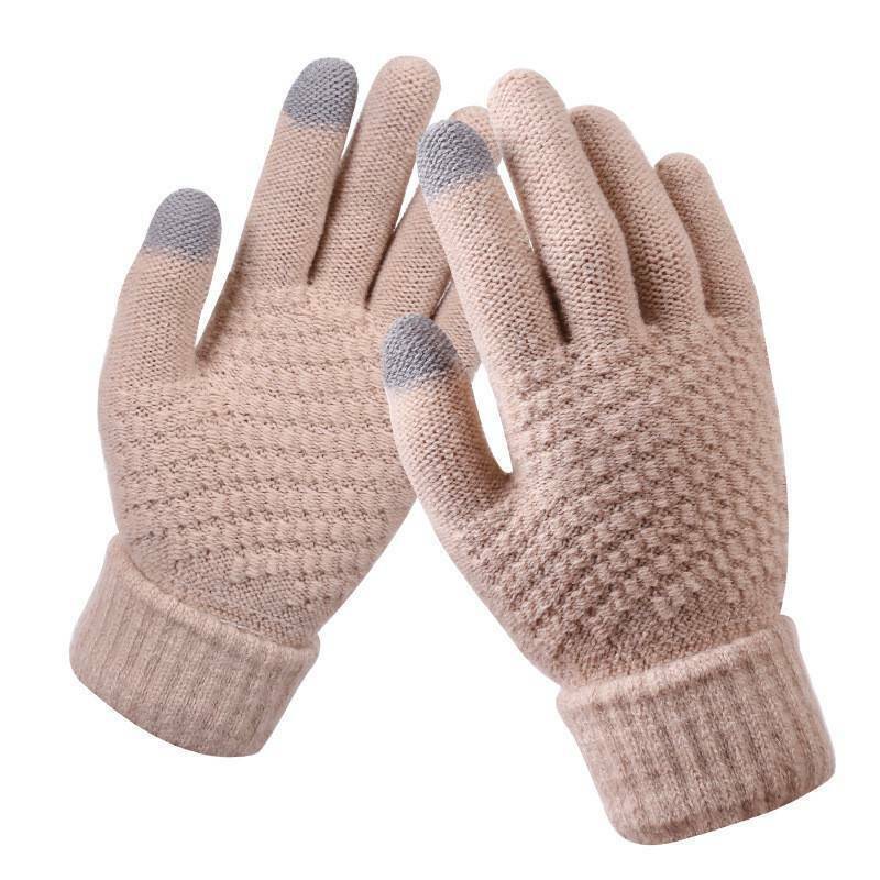 Beige Strickhandschuhe mit grauen Touchscreen-Fingerspitzen, warm und stilvoll für den Winter.