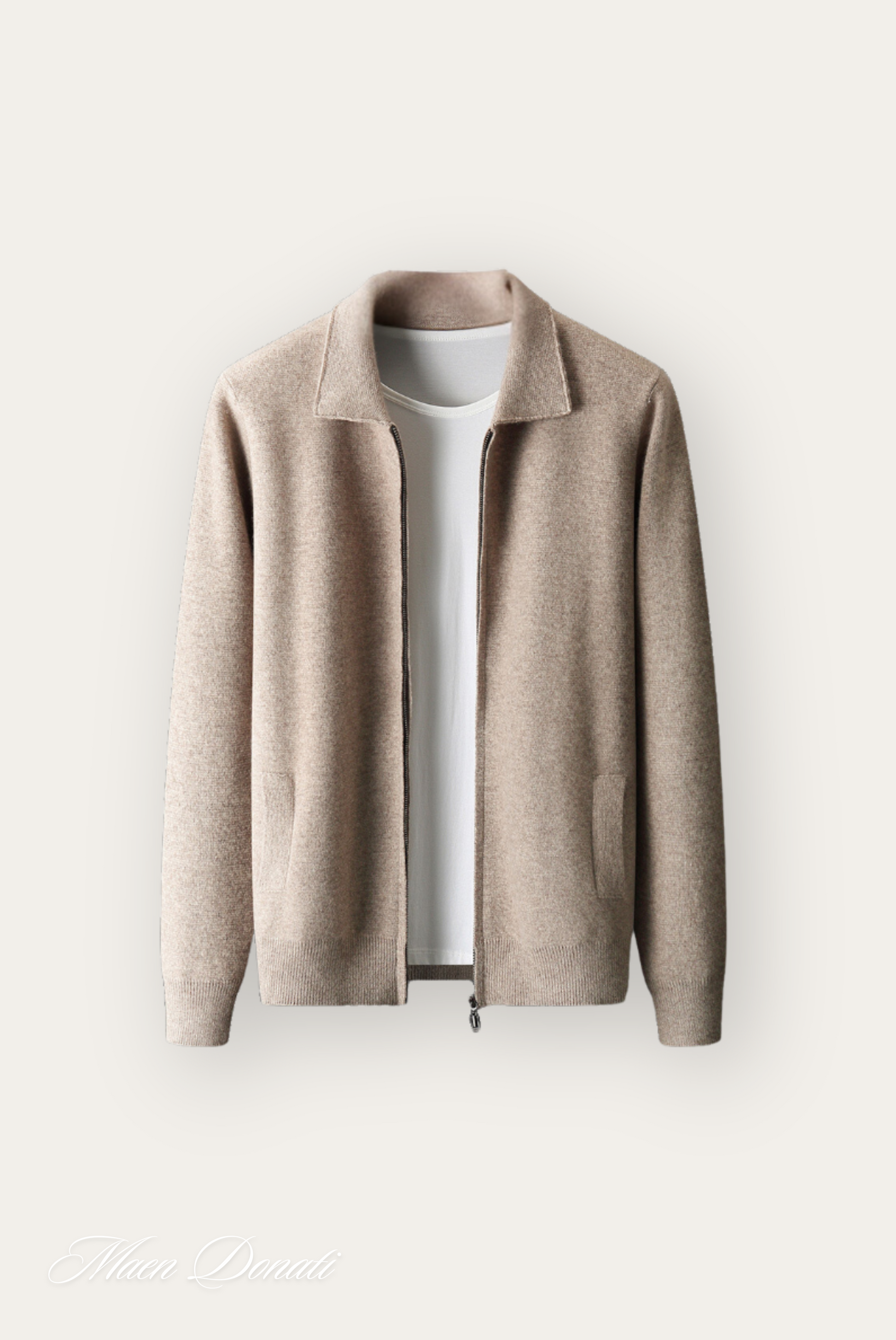 Beige Herren-Strickjacke aus Wolle, Reißverschluss, elegantes Design, Herbstmode.