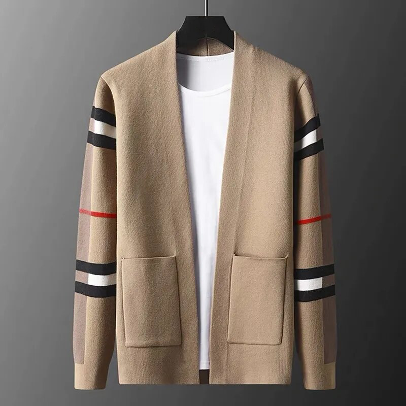 Beige Strickjacke mit Streifenmuster, Herrenmode, Baumwolle, lässig, stilvoll, Herbstbekleidung