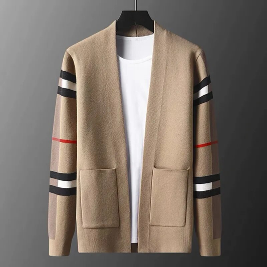 Beige Strickjacke mit Streifenmuster, Herrenmode, Baumwolle, lässig, stilvoll, Herbstbekleidung