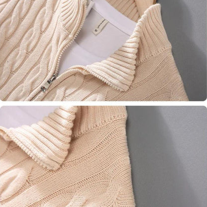 Beiger Strickpullover mit Reißverschluss, Zopfmuster, Baumwolle, modisch, Damenmode.