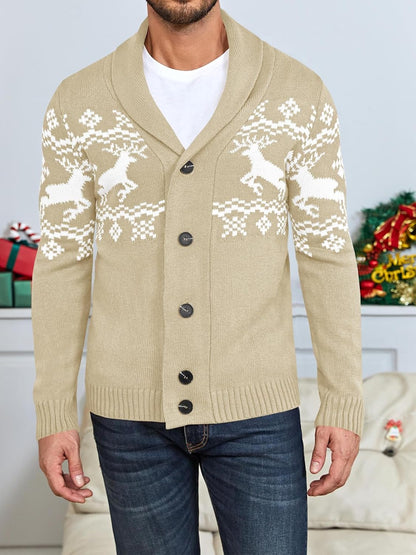Beige Strickjacke mit Rentiermuster, Knöpfen, Herrenmode, Winterkleidung, festlich.