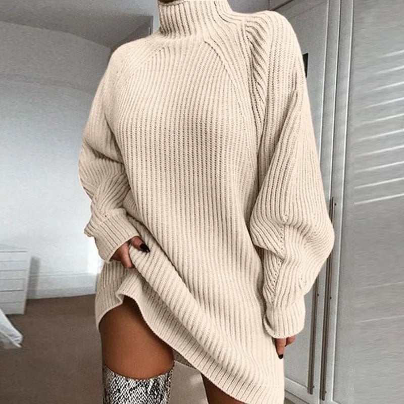 Beige Strickpullover Kleid Damen, Rollkragen, Langarm, Wintermode, gemütlich, elegant