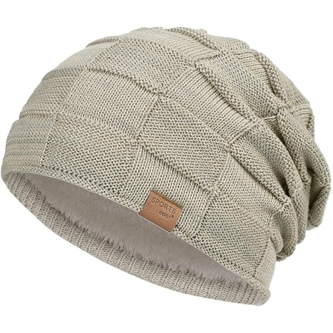 Beige Strickmütze für Herren, Winter, warm, weiches Futter, modisches Design, Freizeitkleidung.