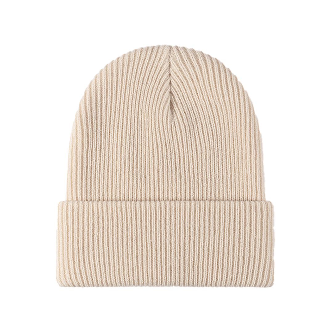 Beige Strickmütze aus Wolle, unisex, warm, modisch, ideal für Herbst und Winter.