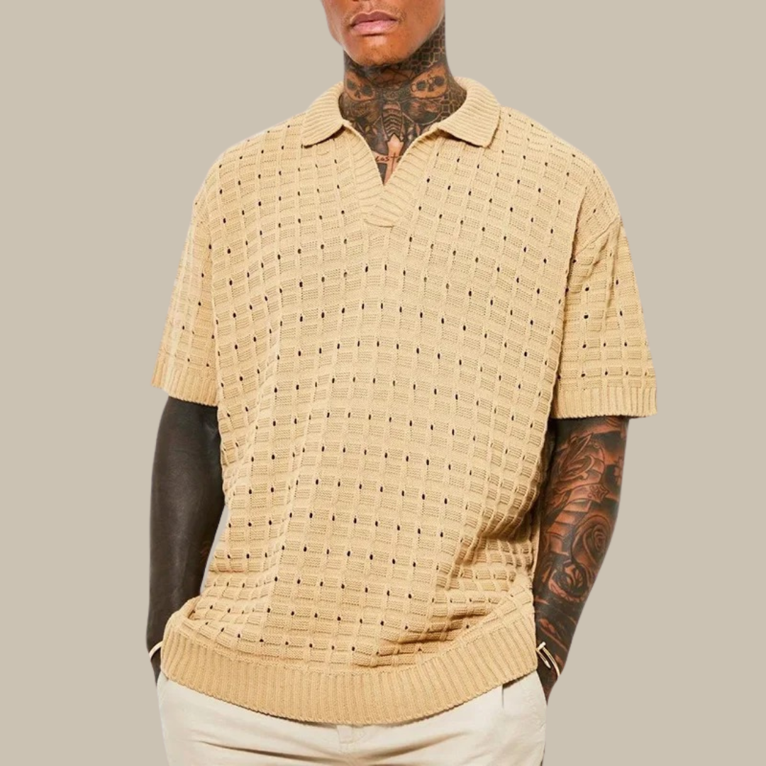 Beiges Herren-Poloshirt, Strick, Kurzarm, Sommermode, lässig, atmungsaktiv.