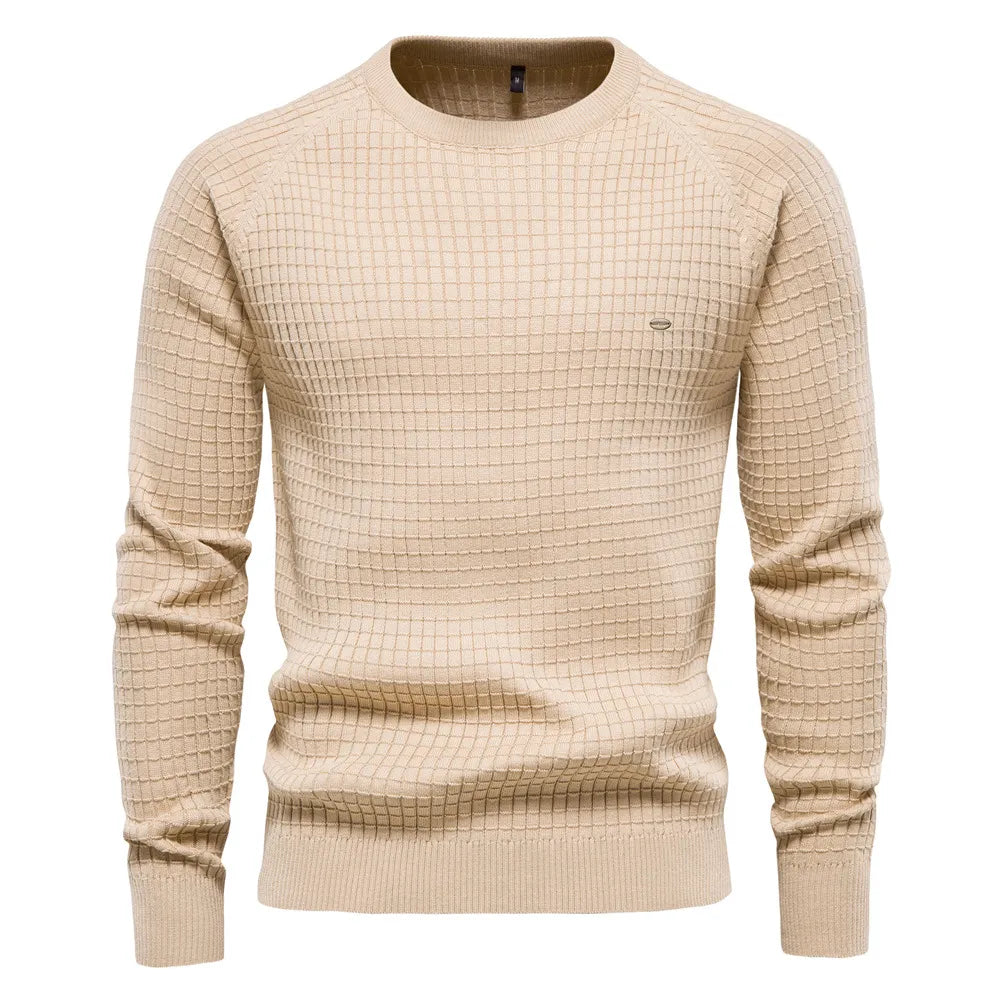 Beiger Herrenpullover, Strickmuster, Rundhalsausschnitt, Langarm, modisch, bequem.