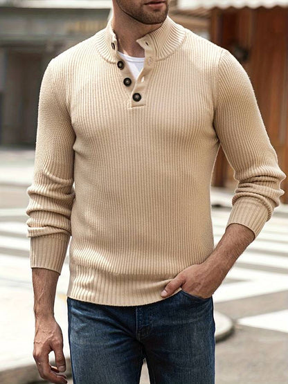 Beiger Herrenpullover mit Knopfleiste, Strick, modisch, lässig, Herbstmode, Langarm.
