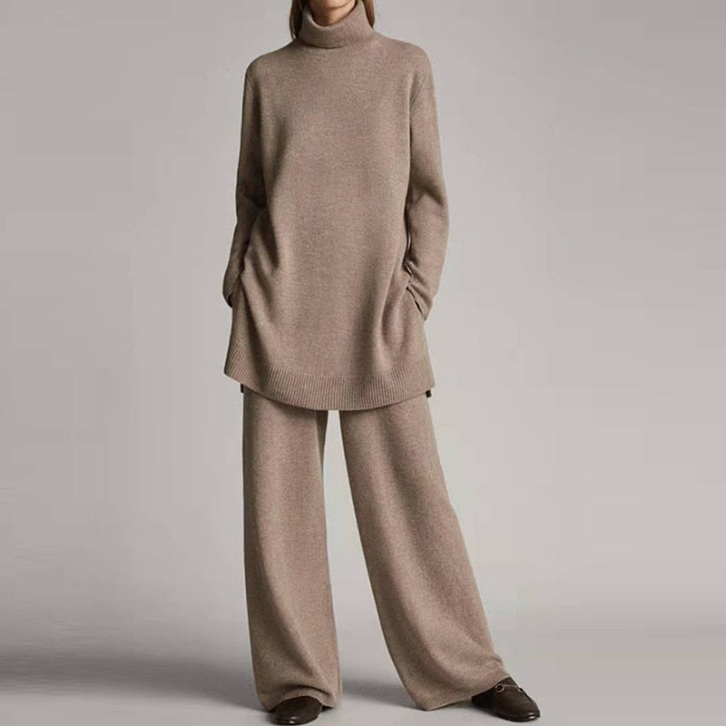 Damen Strickset Beige, Oversize Pullover und Hose, Herbstmode, gemütlich, elegant