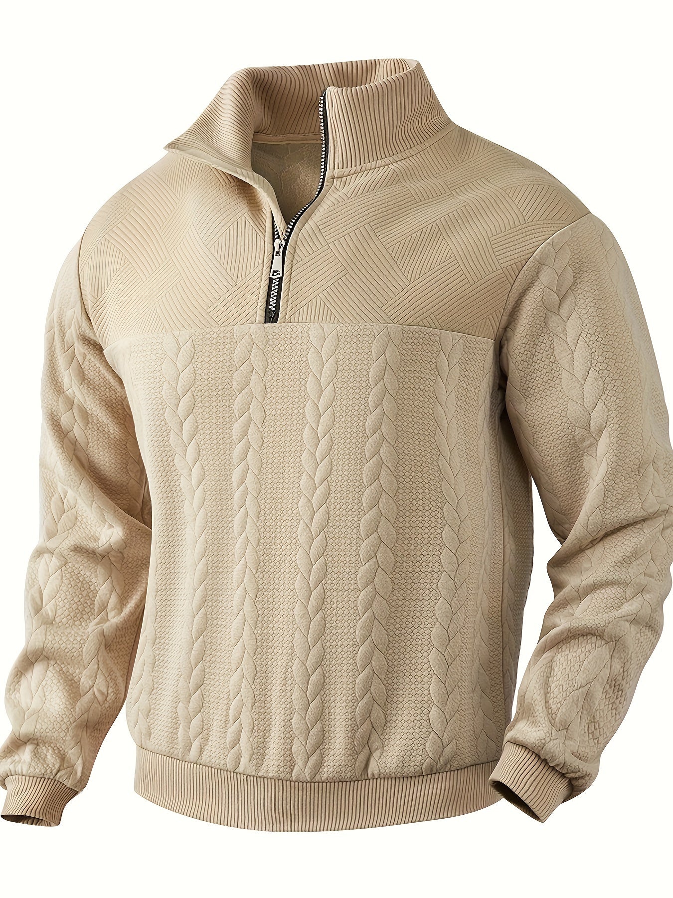 Beiger Strickpullover mit Reißverschluss, Zopfmuster, Herrenmode, Winterkleidung, warmes Design.