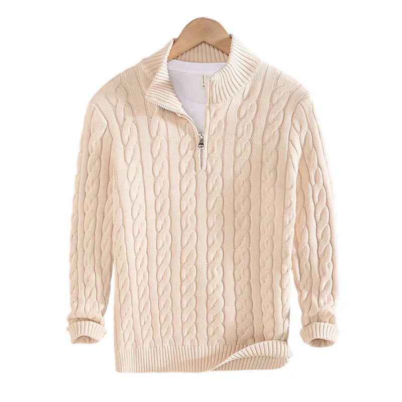 Beiger Strickpullover mit Zopfmuster, Reißverschluss, Herrenmode, Baumwolle, Herbst-Wintermode.