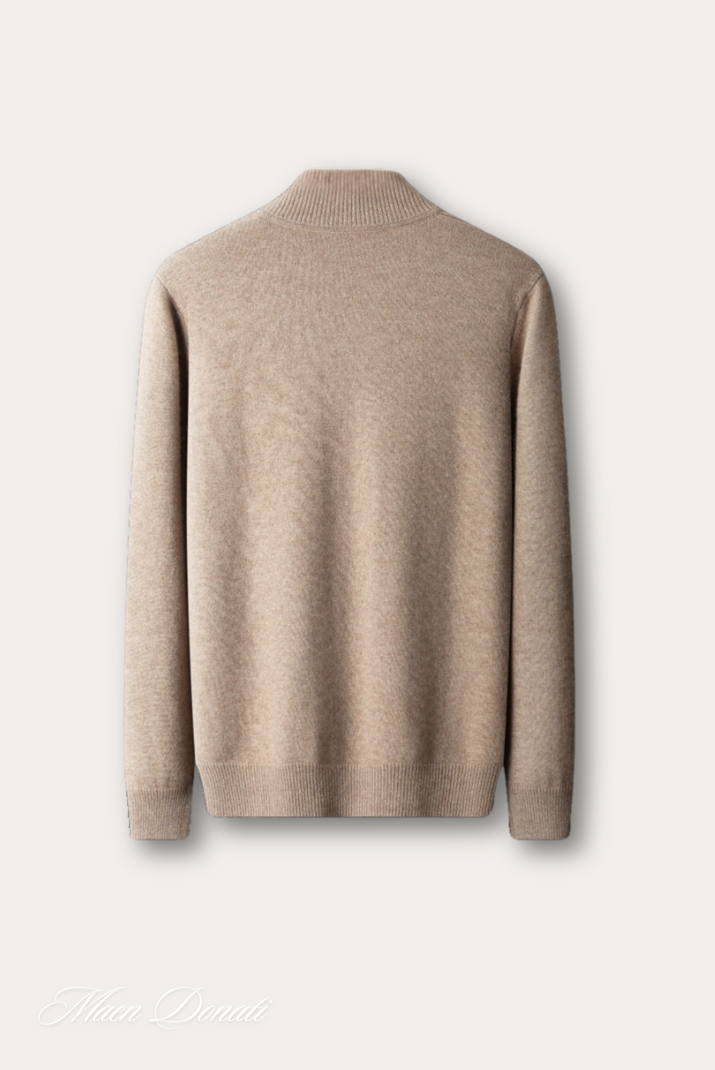 Beiger Kaschmirpullover für Herren, Rückansicht, weiches Material, elegantes Design.