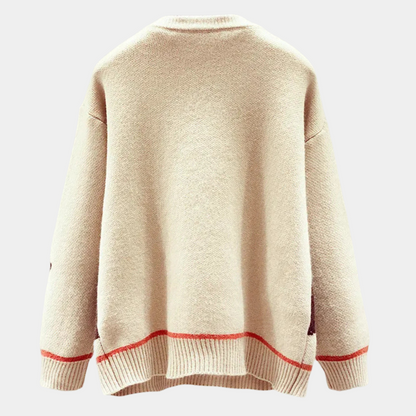 Beiger Strickpullover Rückansicht, Baumwolle, rote Akzente, lässiger Stil, Unisex-Mode.