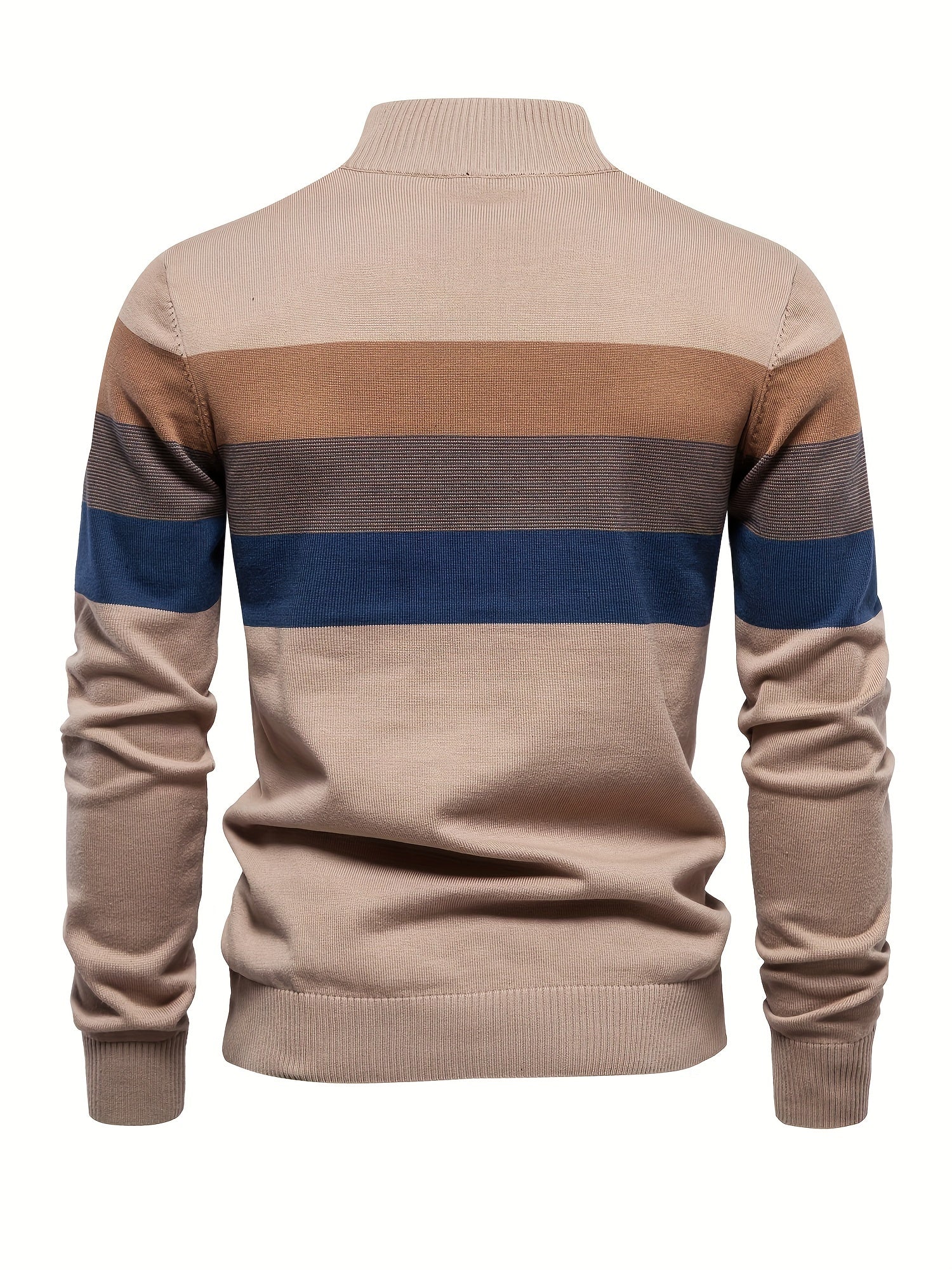 Beiger Herrenpullover mit Streifenmuster, Langarm, Baumwolle, modisch, bequem.