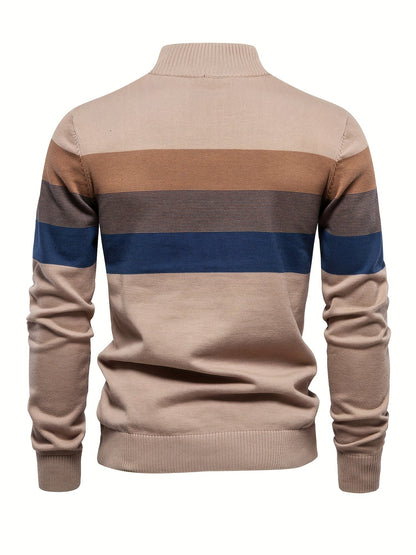 Beiger Herrenpullover mit Streifenmuster, Langarm, Baumwolle, modisch, bequem.