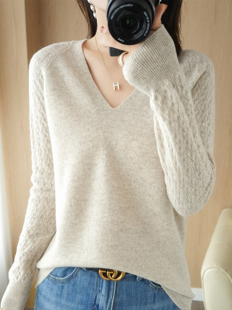Damen Pullover Beige V-Ausschnitt Strickmuster Langarm Freizeitmode Elegant Baumwolle