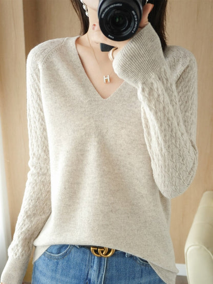 Damen Pullover Beige V-Ausschnitt Strickmuster Langarm Freizeitmode Elegant Baumwolle