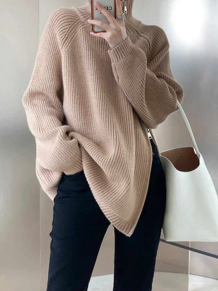 Damen Pullover beige Strick, lässig, warm, modisch, Herbstmode, Oversize, Langarm.