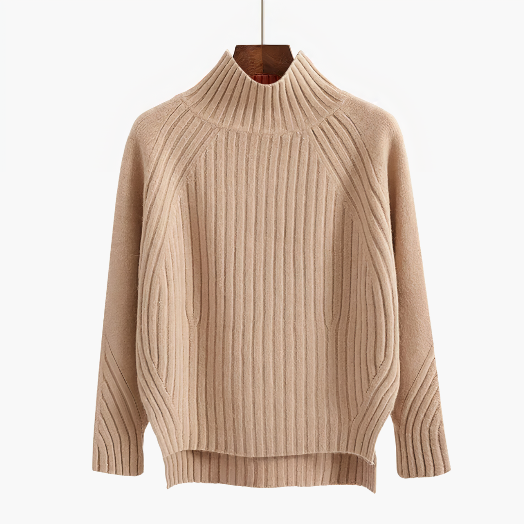 Beiger Strickpullover mit Rollkragen, geripptes Design, Damenmode, Herbst-Winter-Kleidung.