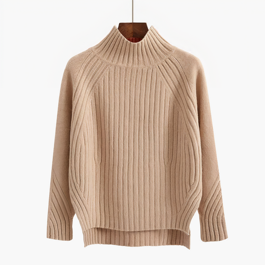 Beiger Strickpullover mit Rollkragen, geripptes Design, Damenmode, Herbst-Winter-Kleidung.