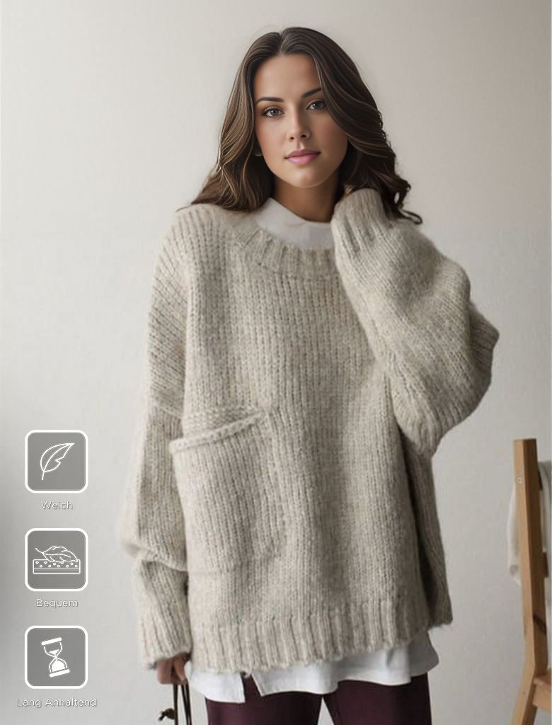 Damen Strickpullover beige, grob gestrickt, mit Tasche, lässig, warm, modisch, Herbstmode.