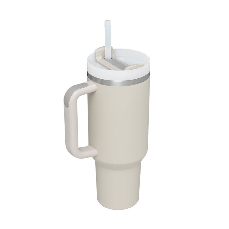Beiger Thermobecher mit Henkel und Strohhalm, doppelwandig, auslaufsicher, 1 Liter.