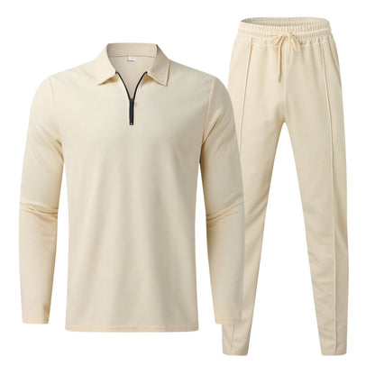 Beiges Herren-Trainingsanzug-Set, Langarmshirt mit Reißverschluss, Jogginghose, Sportbekleidung.
