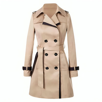 Beiger Damen-Trenchcoat, zweireihig, Gürtel, klassischer Stil, Herbstmode, Zara.