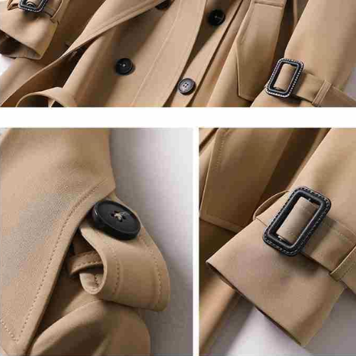 Beiger Trenchcoat aus Baumwolle, schwarze Knöpfe, Gürtel, klassischer Stil, Herbstmode.