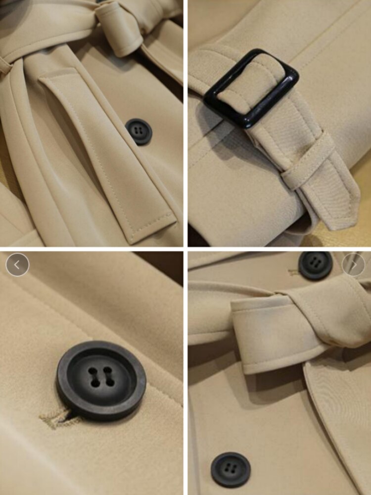 Beige Trenchcoat-Details: Gürtel, Knopf, Schnalle, Stoff. Hochwertige Mode, klassischer Stil.