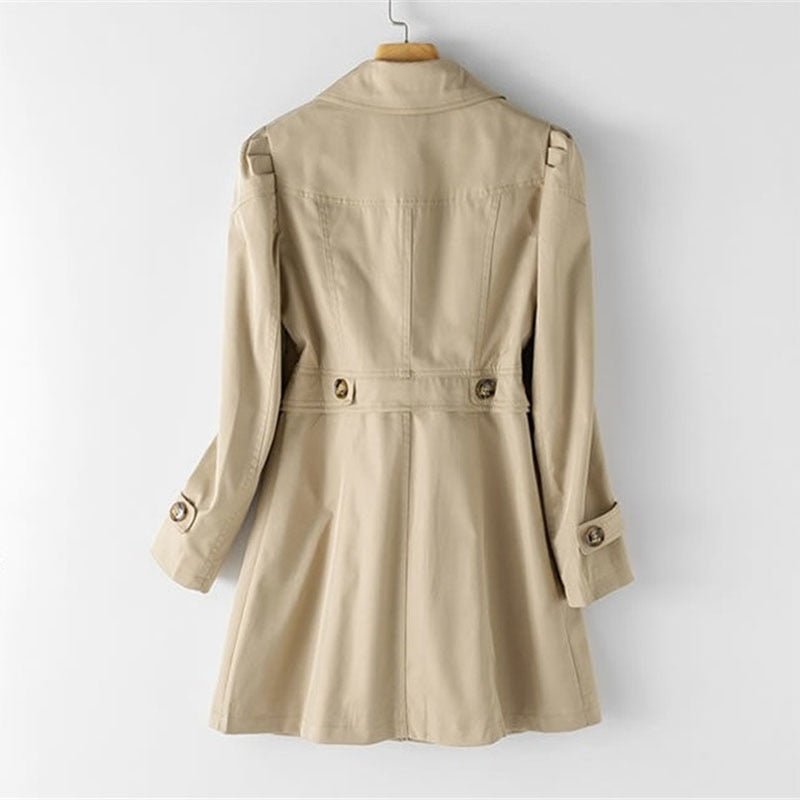Beige Damenjacke, Trenchcoat-Stil, Knöpfe, Gürtel, modisch, vielseitig, elegant, Baumwolle.