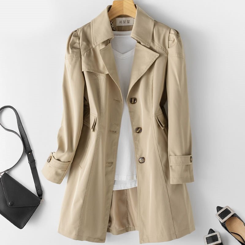 Beige Damen-Trenchcoat, knielang, mit Knöpfen, ideal für Frühling, Herbst, modisch, vielseitig.