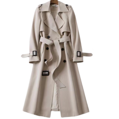 Beiger Trenchcoat Damen, klassisch, Gürtel, Knöpfe, Herbstmode, stilvoll, elegant, Mantel.