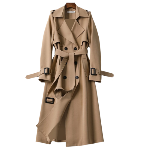 Beiger Trenchcoat Damen, zweireihig, Gürtel, Knöpfe, klassischer Stil, Herbstmode.