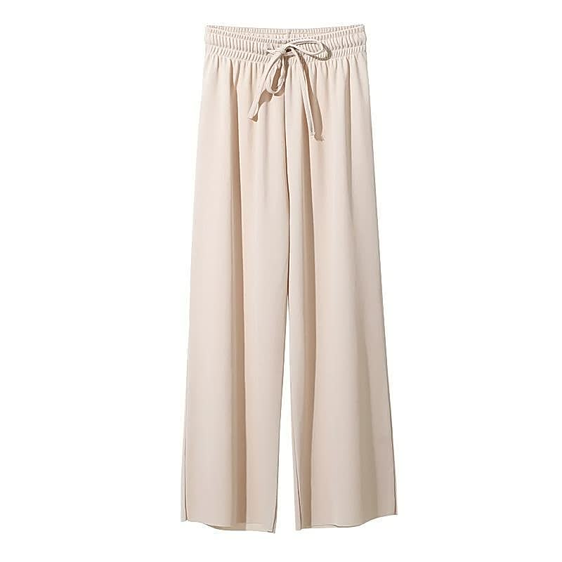 Beige Damenhose mit weitem Bein, elastischem Bund und Kordelzug, lässige Sommermode.