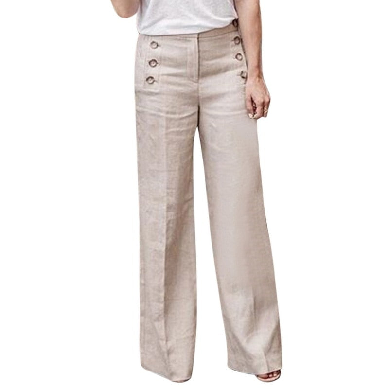 Damen Leinenhose beige, weites Bein, hohe Taille, Knöpfe, Sommermode, lässig, elegant.